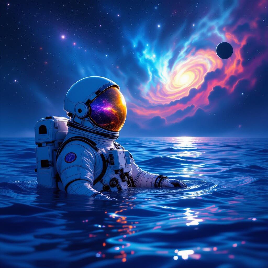 Astronaut Adrift in Cosmic Ocean Reflecting Nebula