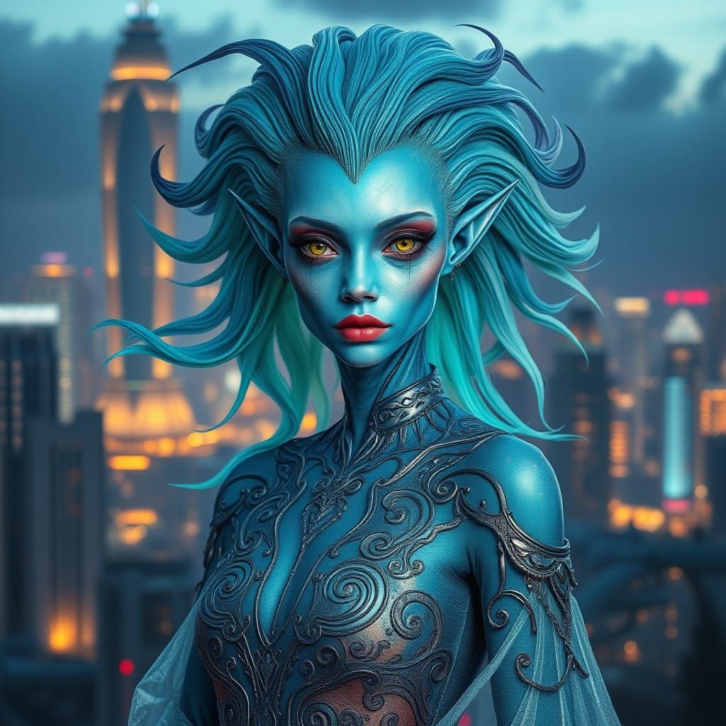 Iridescent Alien Woman in Futuristic Cityscape