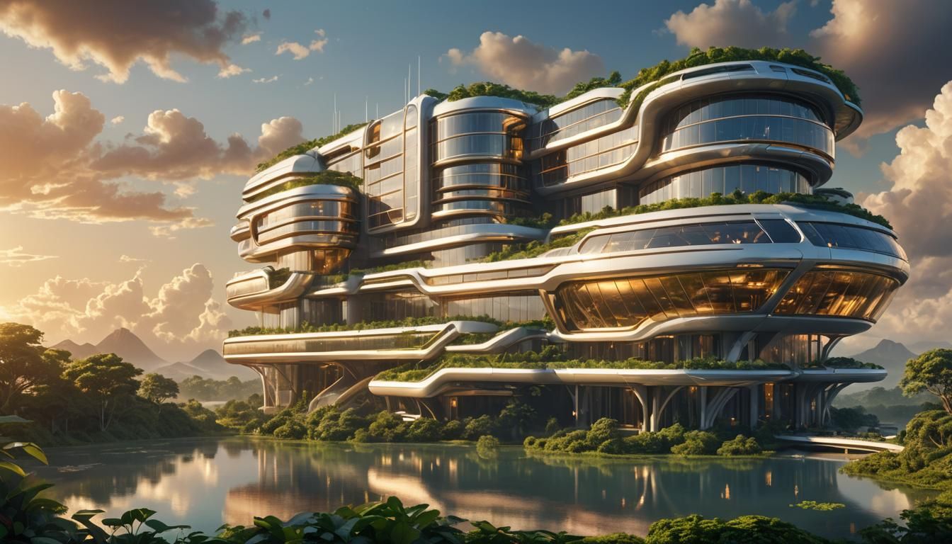 Futuristic Hotel Floating Above Lush Landscape
