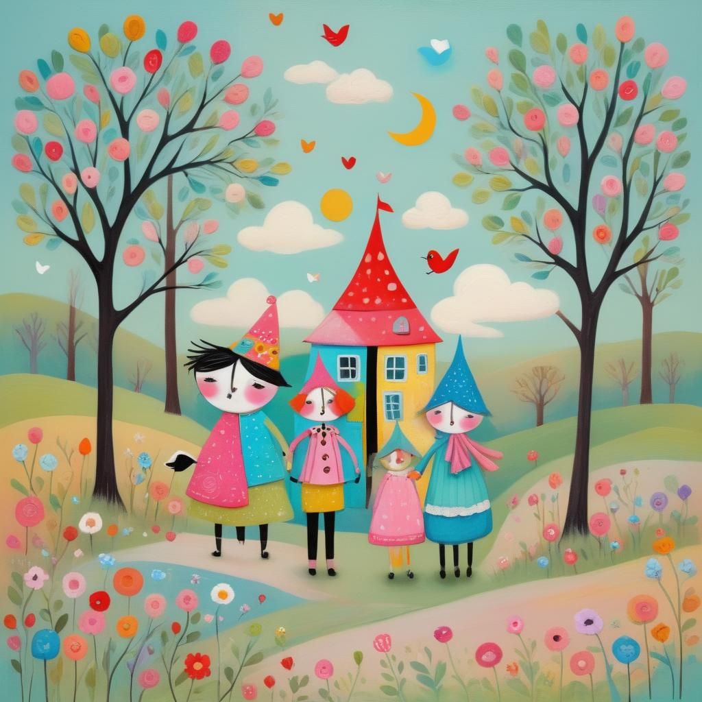 Whimsical Folk Art Illustration in Pastel Impasto