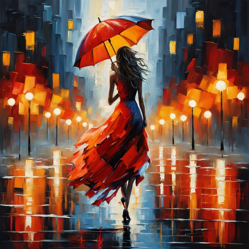 Woman in Red Umbrella, Abstract Expressionism