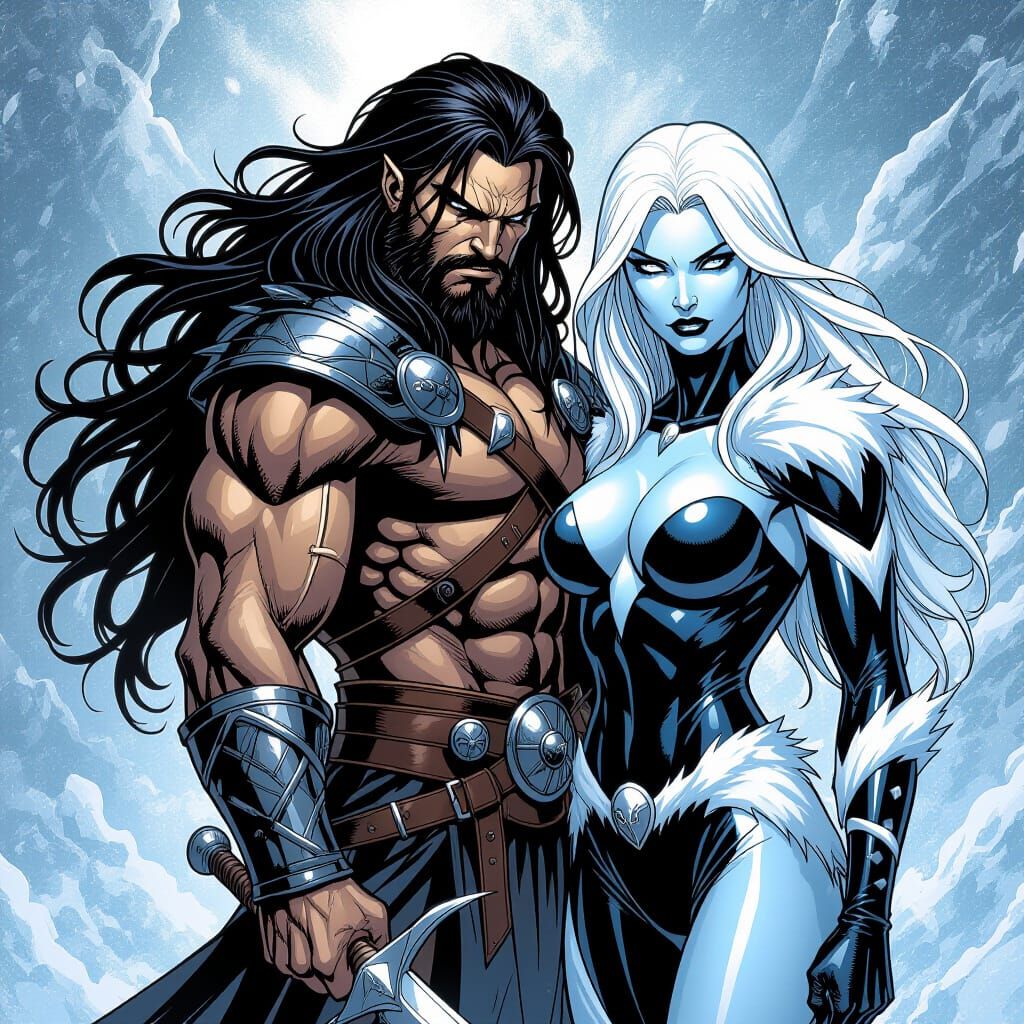 Tyr and Killer Frost in Comic Book Art Style
