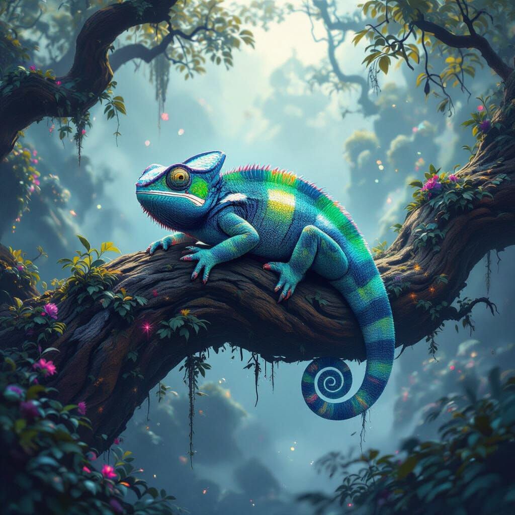 Bioluminescent Chameleon in Ethereal Alien Landscape