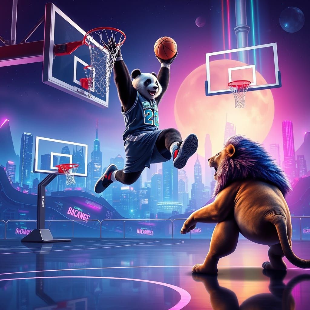 Panda Dunking on Lion in Neon Basketball Court