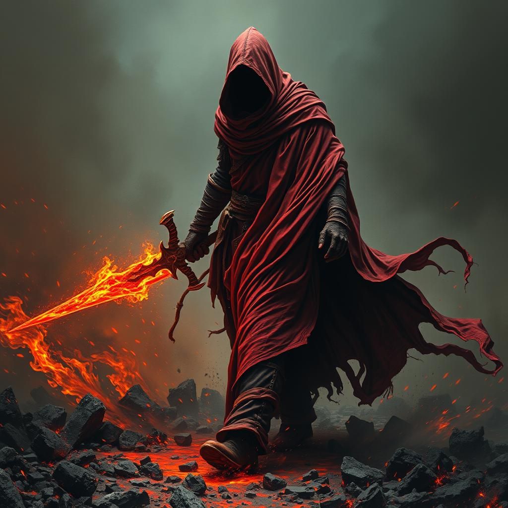 A cloaked figure of doom strides through ash and embers, the...
