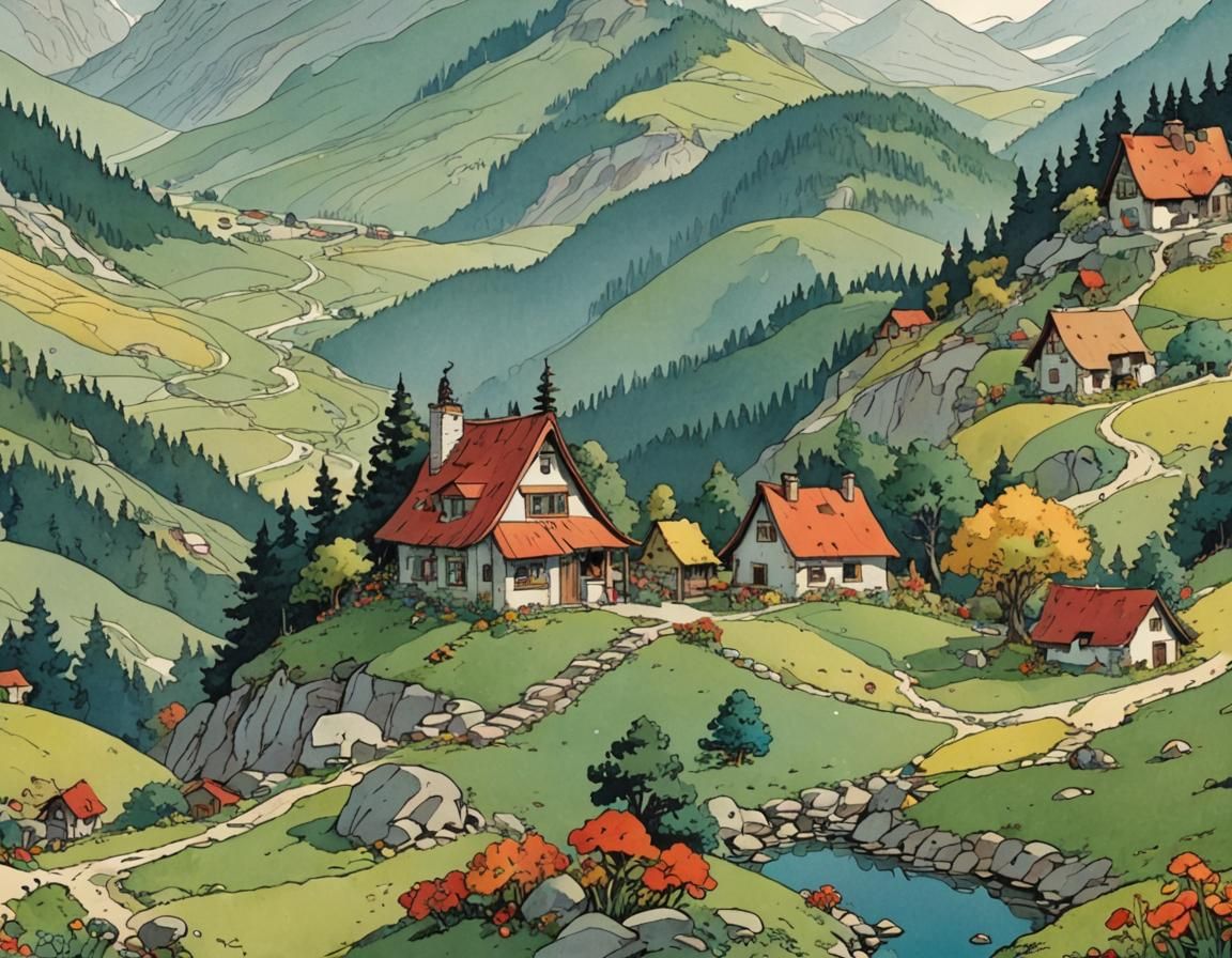 Whimsical Farmhouse in Mountain Landscape Illustration