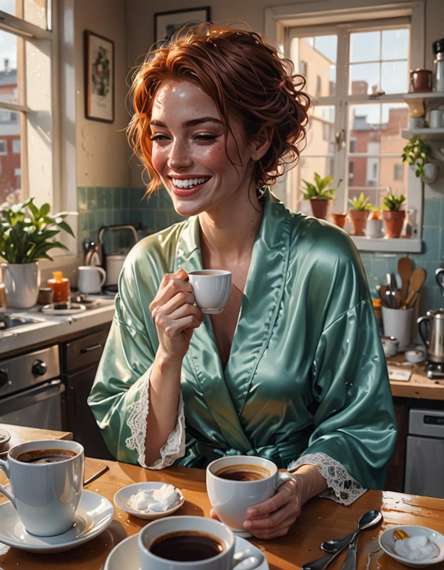 Hyperrealistic Woman Sipping Coffee in Kitchen