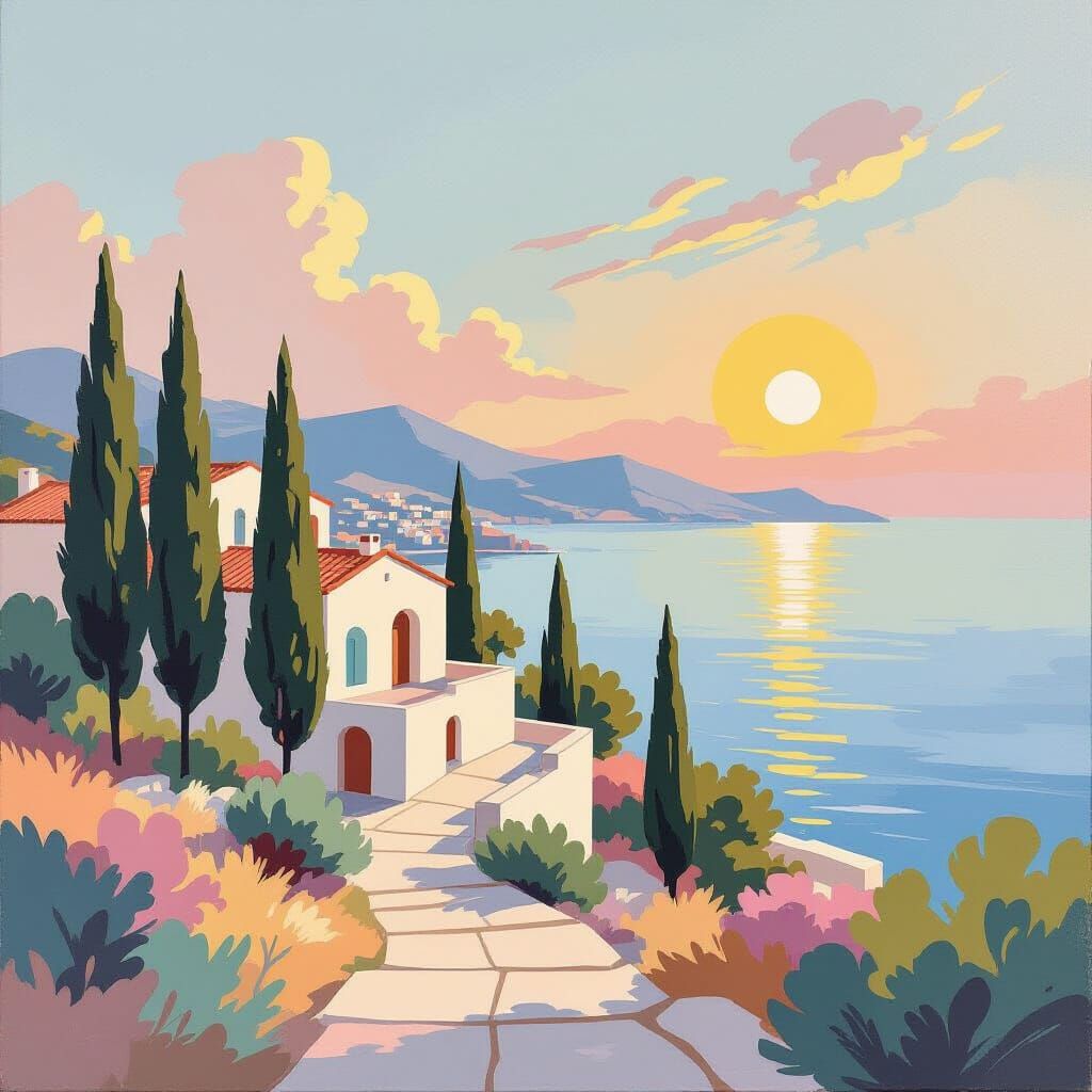 Mediterranean Landscape with Geometric Architecture in Oil P...