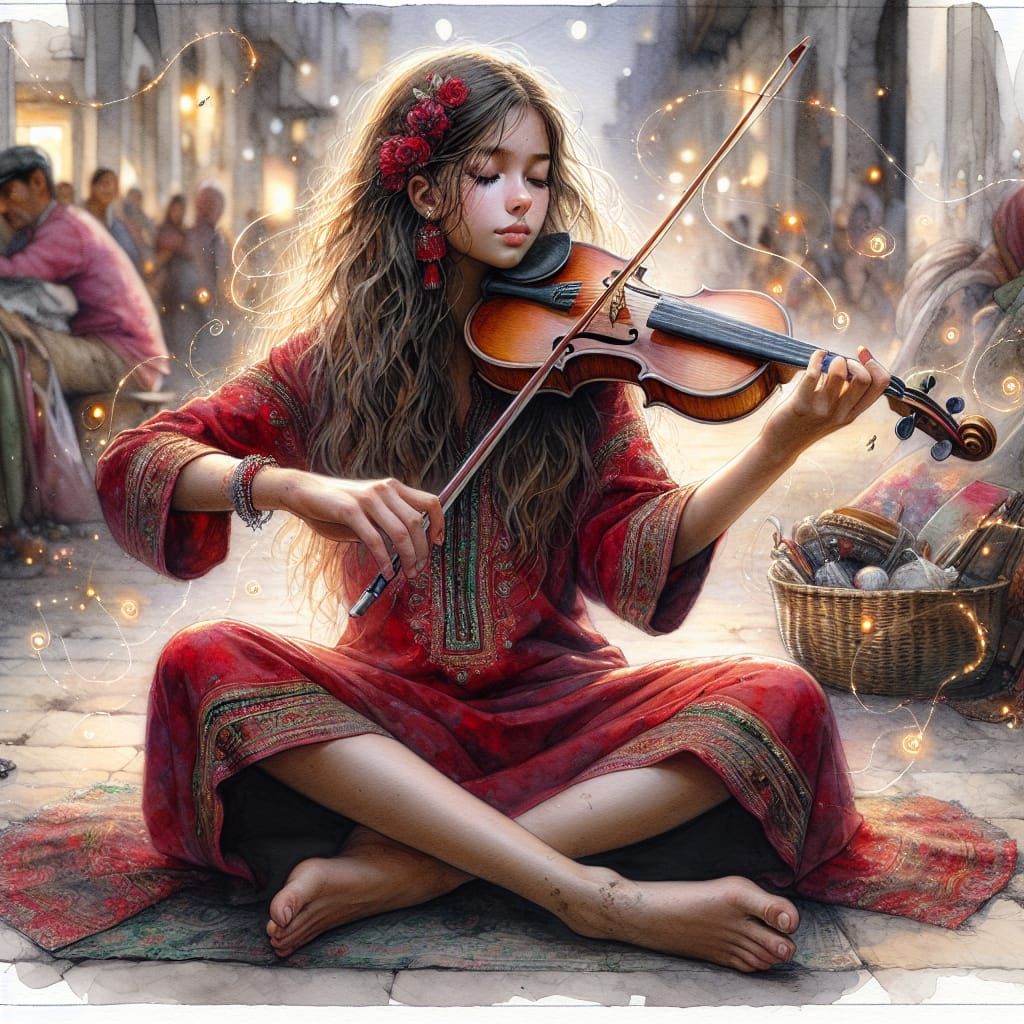 Girl Plays Violin in Watercolor and Acrylic Fantasy
