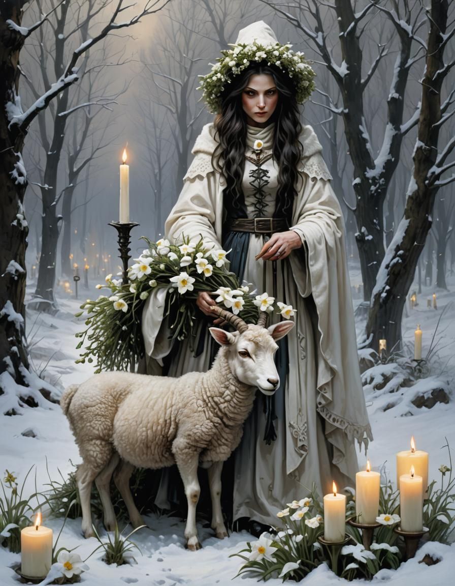 Sinister Winter Witch with Snowdrops and Lamb