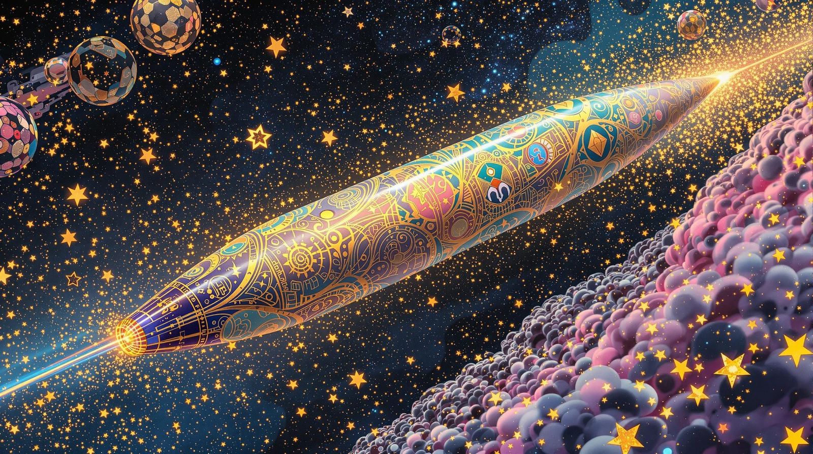 Klimt-Inspired Spaceship Soaring Through Starry Expanse