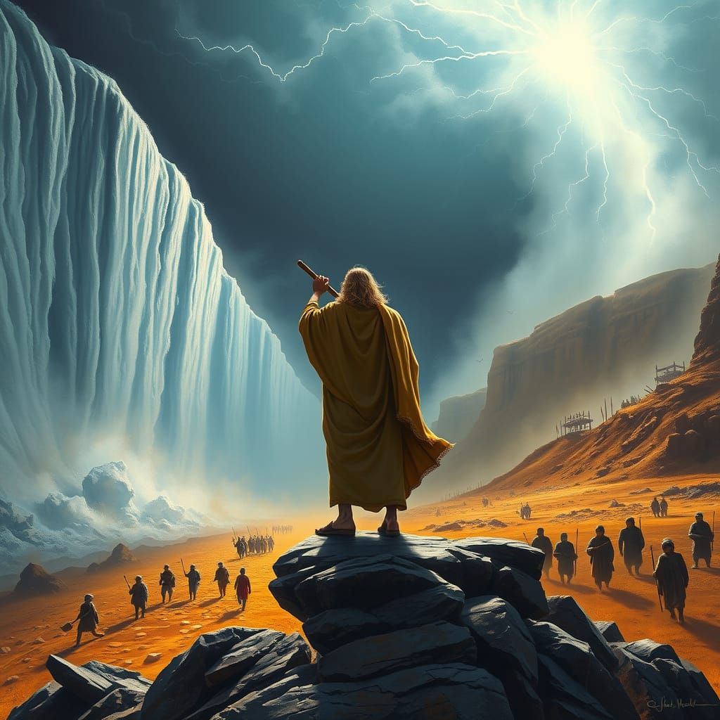 Moses Parting the Red Sea at Night in Hyper-Realistic Style