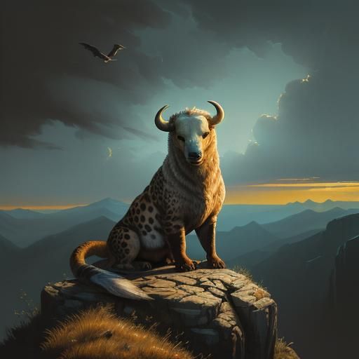 Surreal Hybrid Creature on Rocky Mountain as Painting