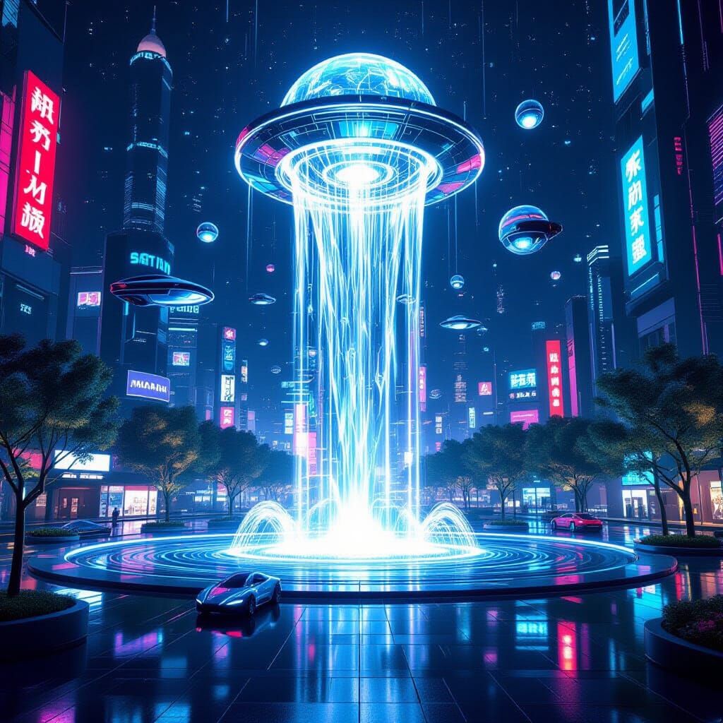 A surreal, anti-gravity water fountain floating mid-air