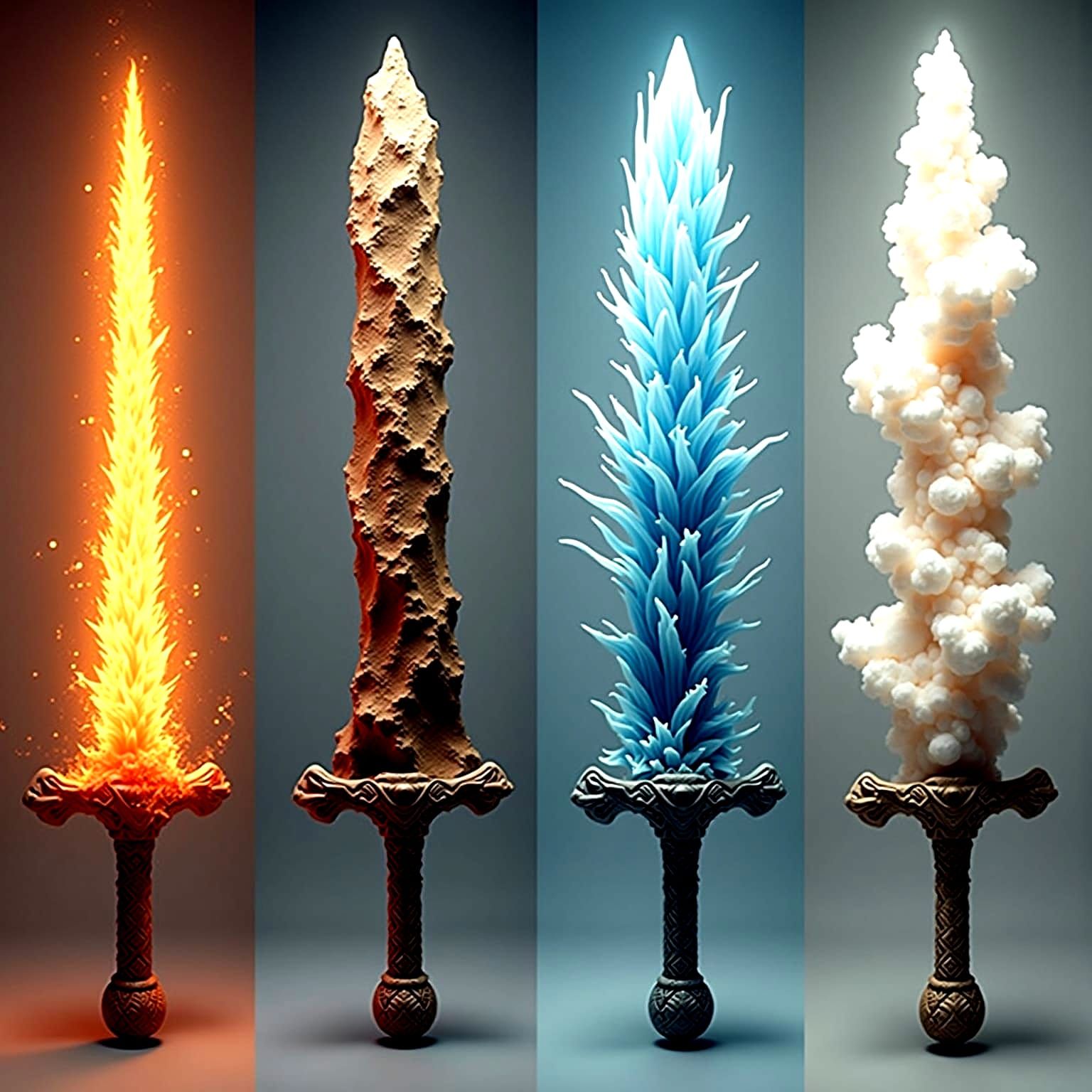 Hyperdetailed Photorealistic Collage of Four Elemental Sword...