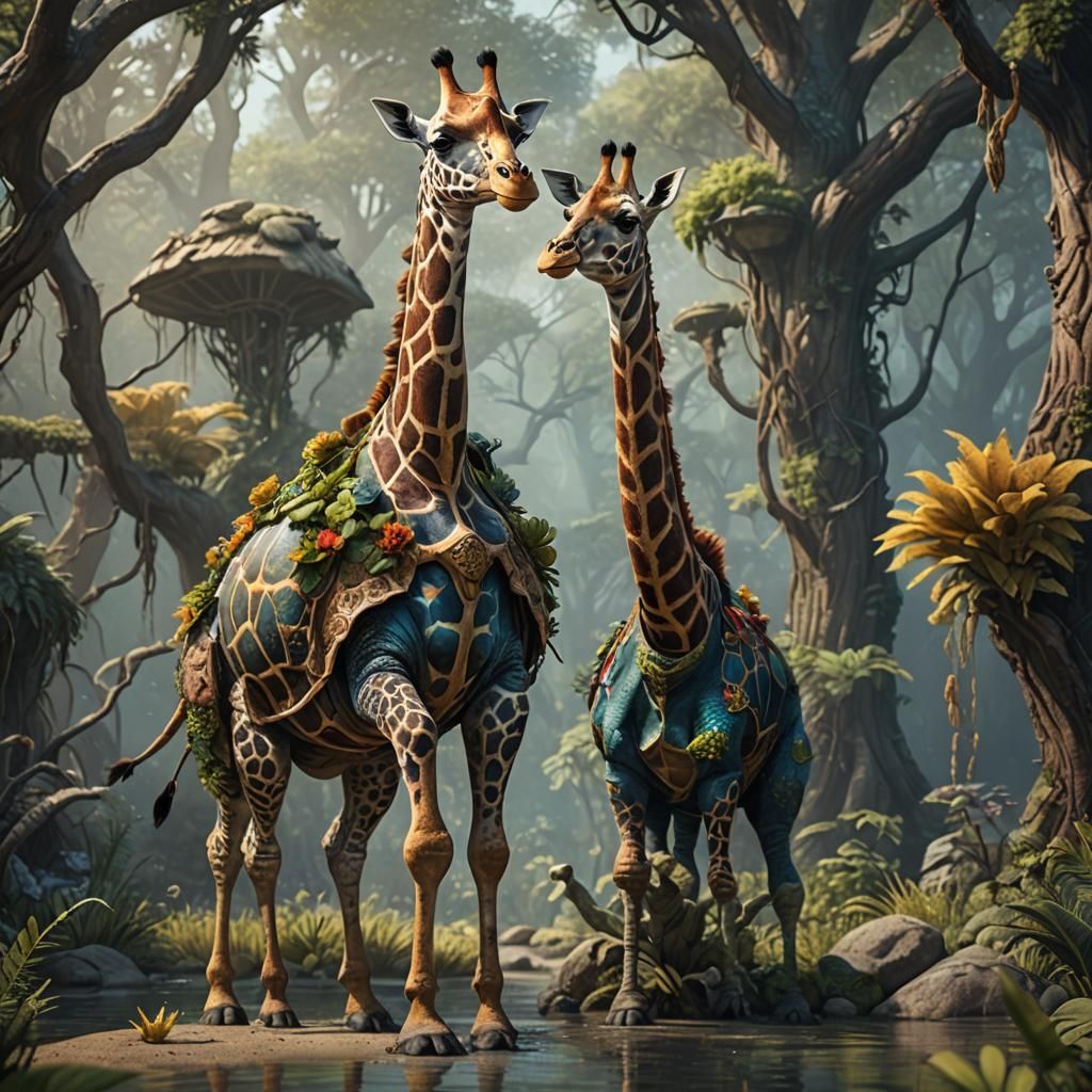 Fantastical Giraffe Turtle Creature in Detailed Matte Painti...