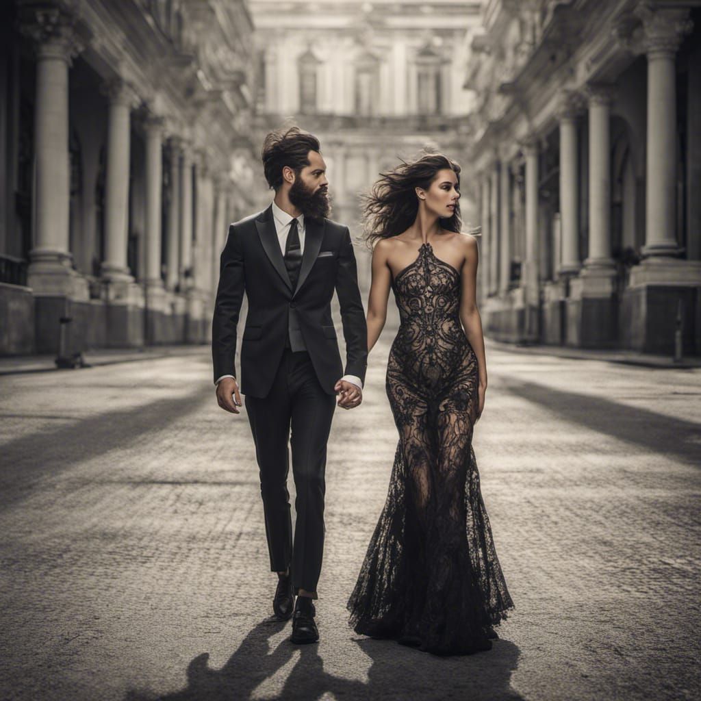 Woman Dancing with Man in Suit, Hyperrealistic