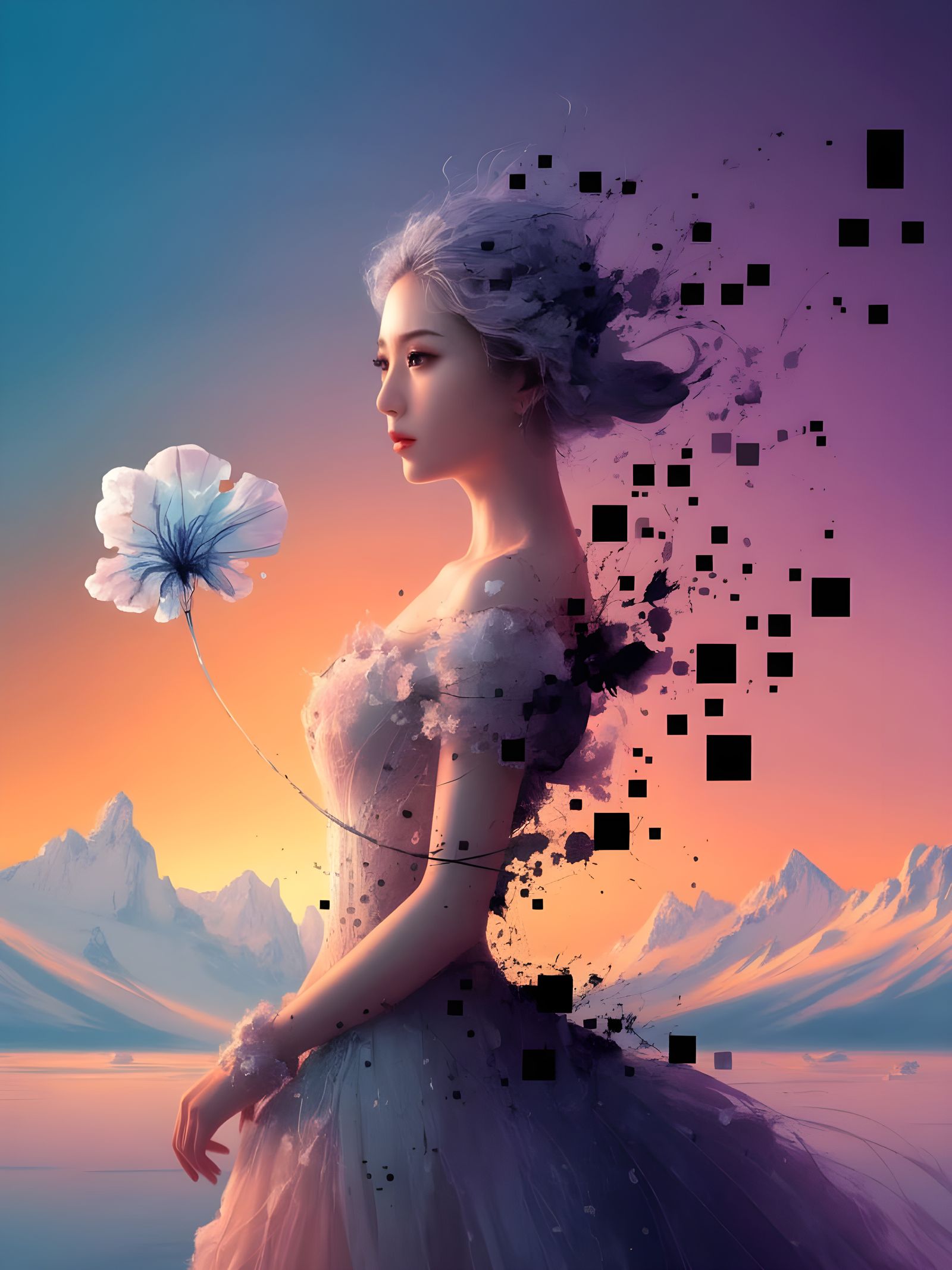 Ethereal Portrait of a Woman in Vibrant Blues and Oranges