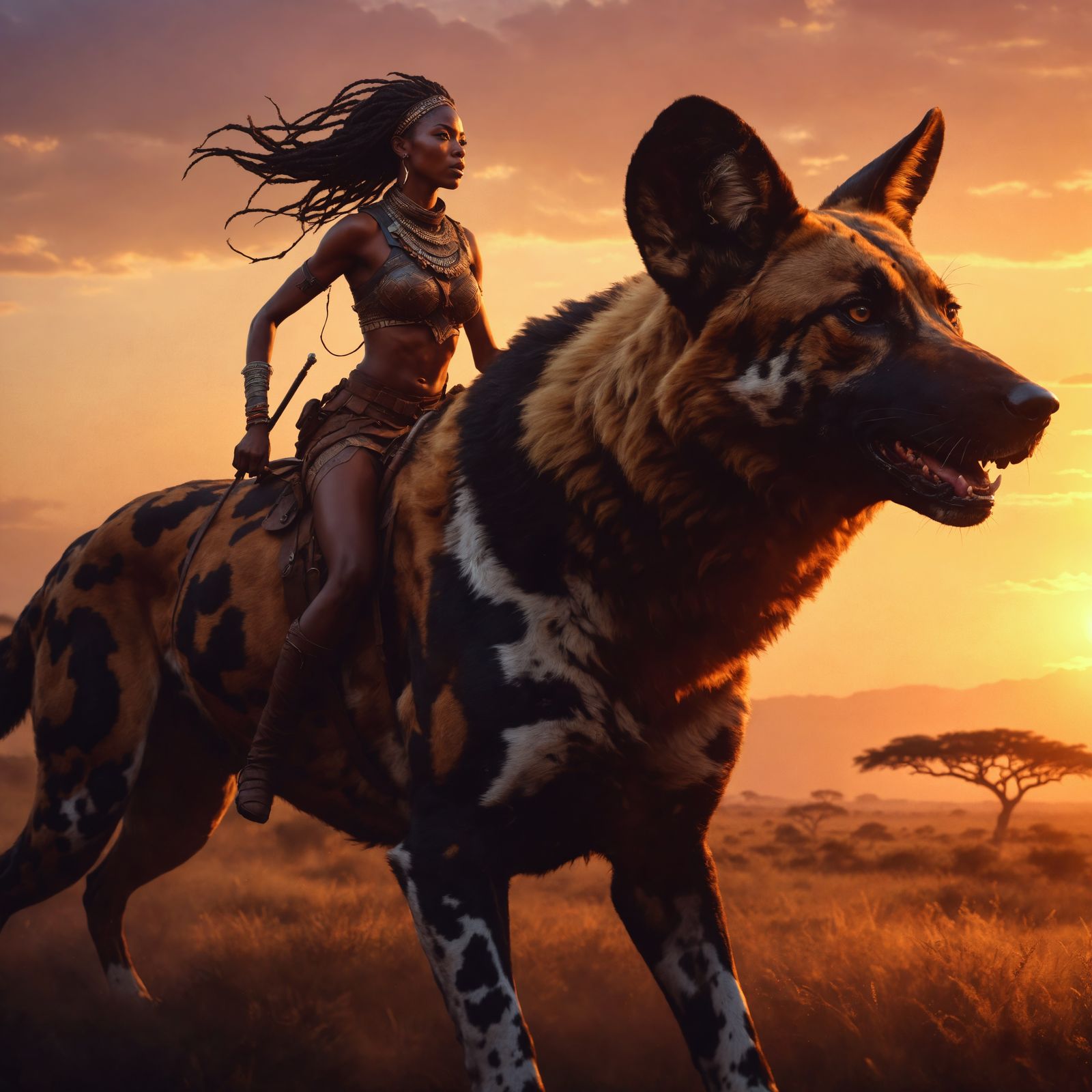 African Warrior Woman on Wild Dog, Splash Art