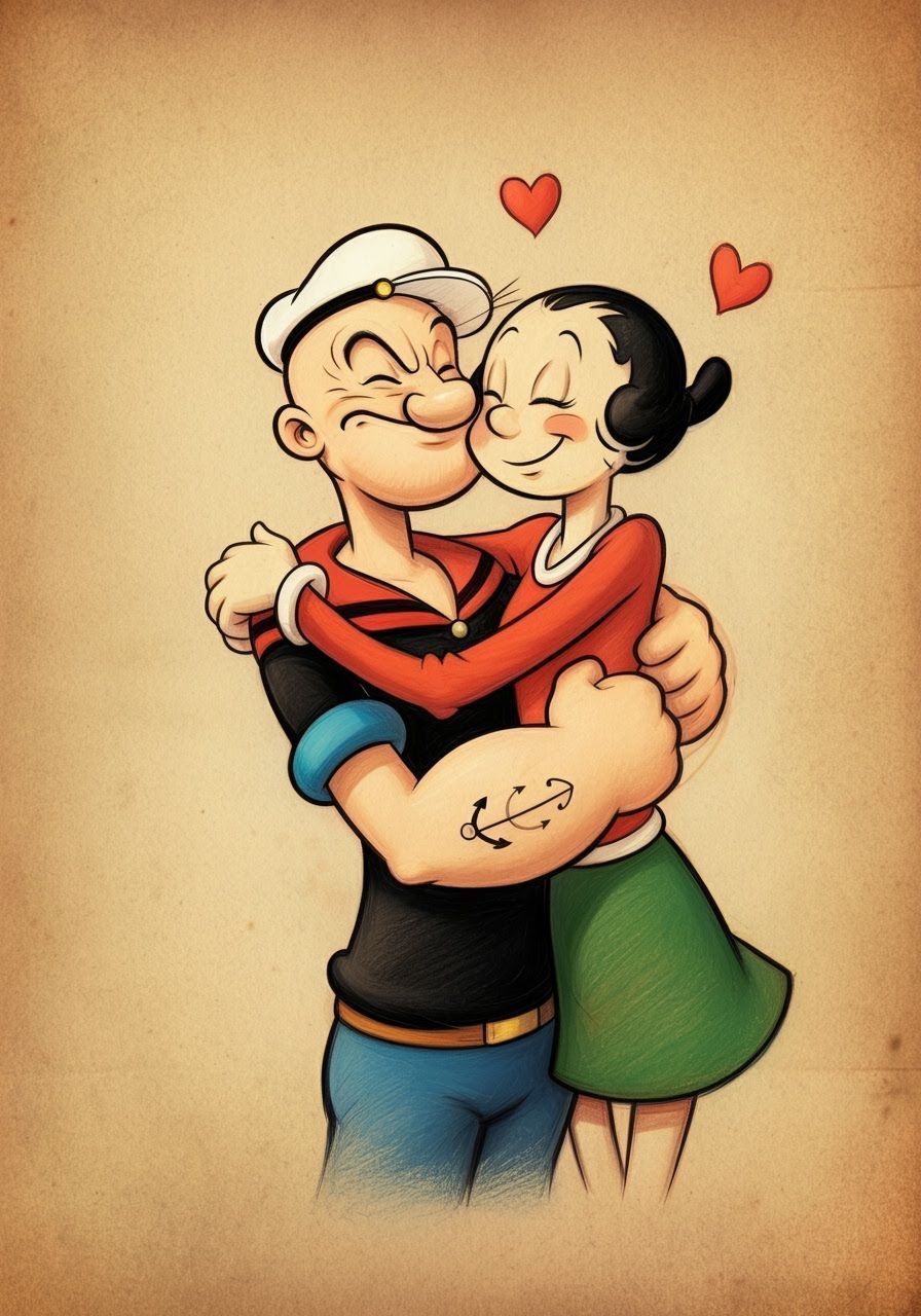 Popeye and Olive Oyl Embrace in Vibrant Colored-Pencil Style