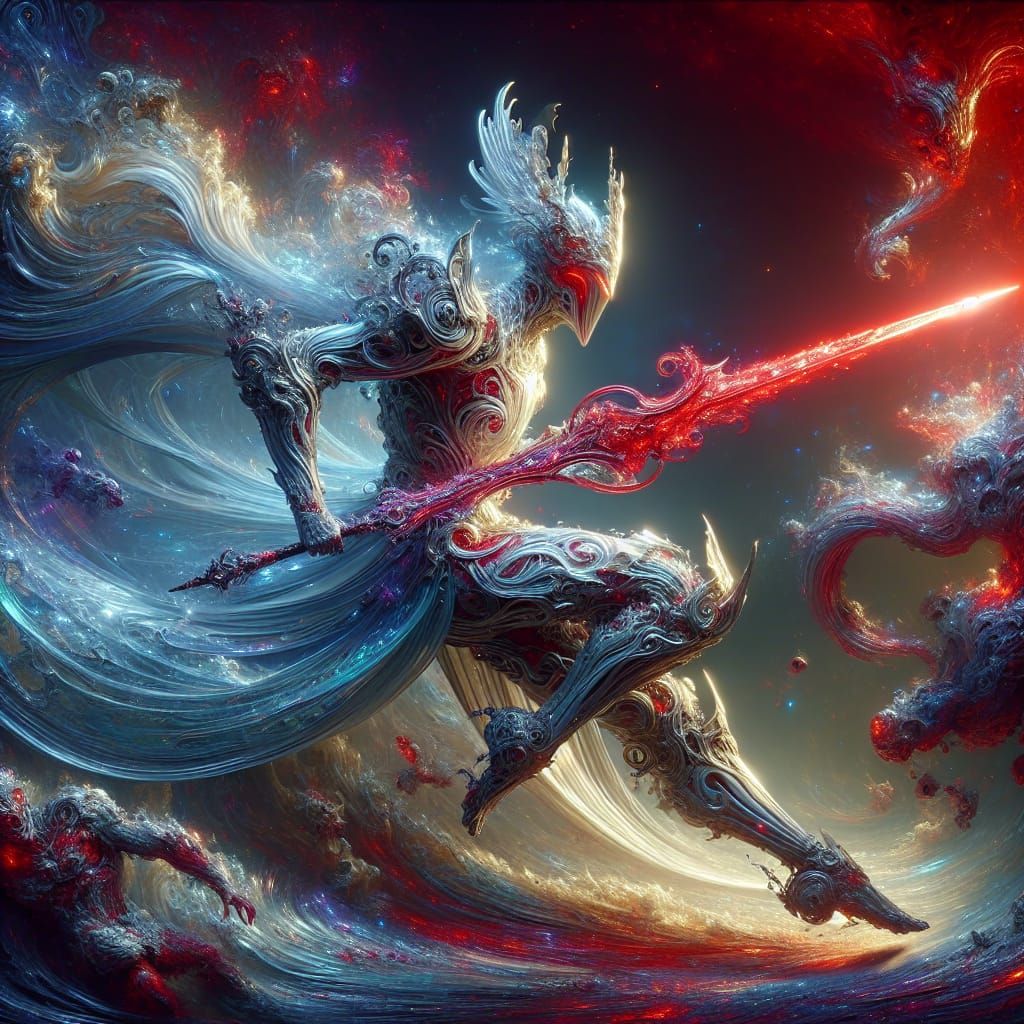 Celestial Warrior in Opalescent Armor Engages Mythical Comba...