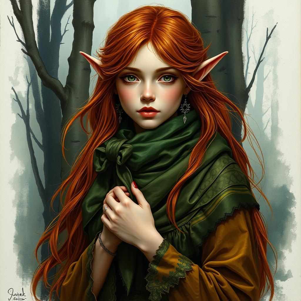 Elf Huntress Portrait in Mystical Woods, Fantasy Art