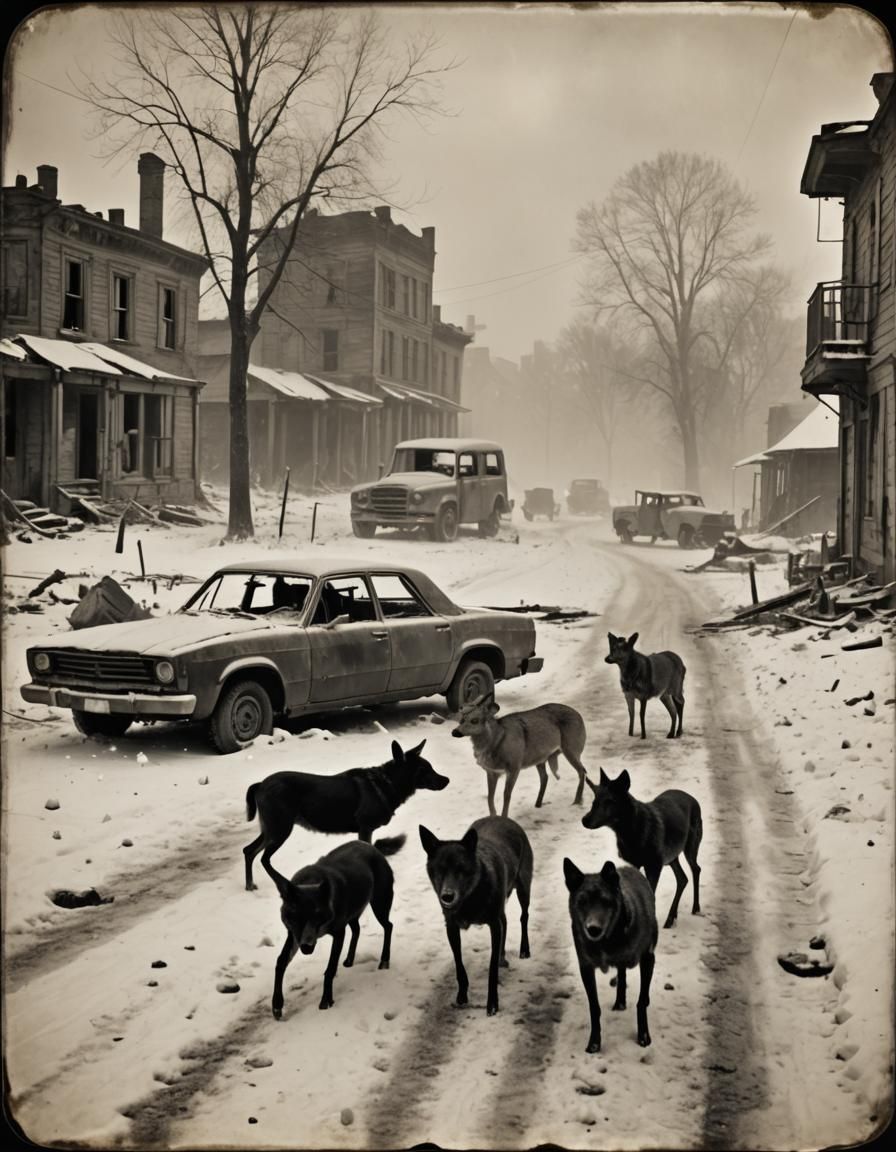 Post-Apocalyptic Winter Scene in a Ruined City