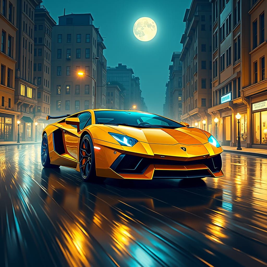 Golden Lamborghini Aventador in Cubist Art Deco Style