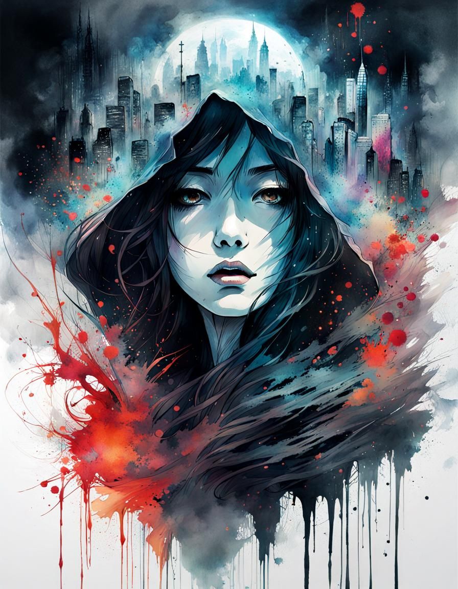 Ghostly Woman in Misty City: Ink Splatter Art