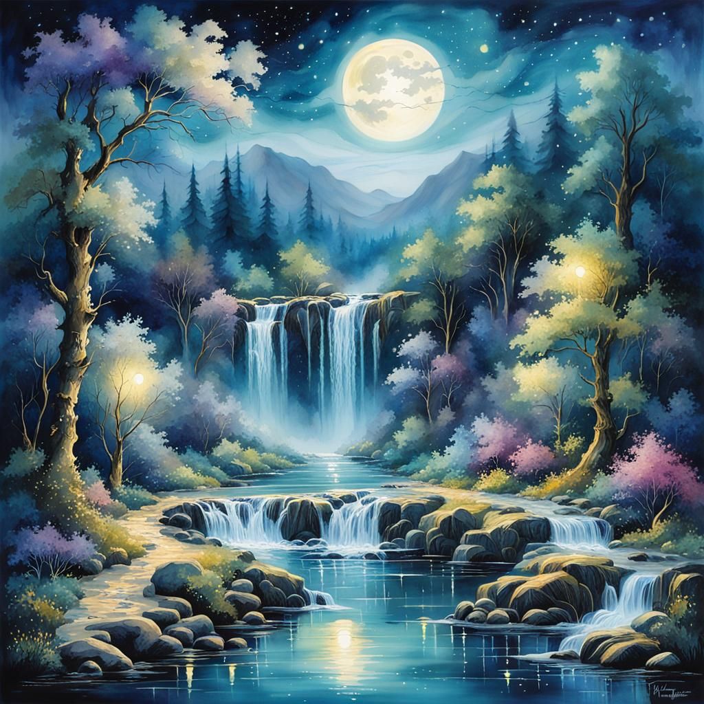 Moonlit Waterfalls Reflect Ethereal Fantasy Landscape