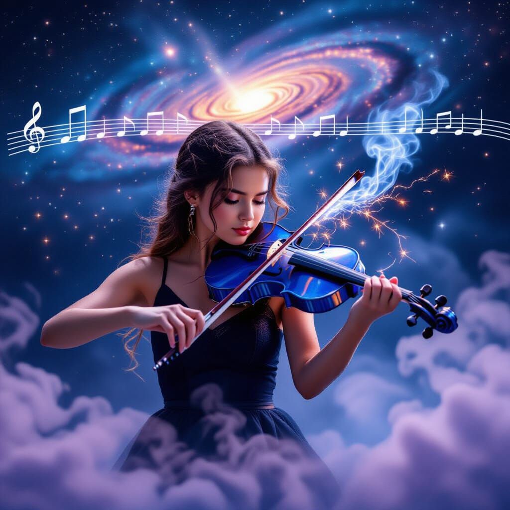 Intense Violinist in Ethereal Cosmos Double Exposure