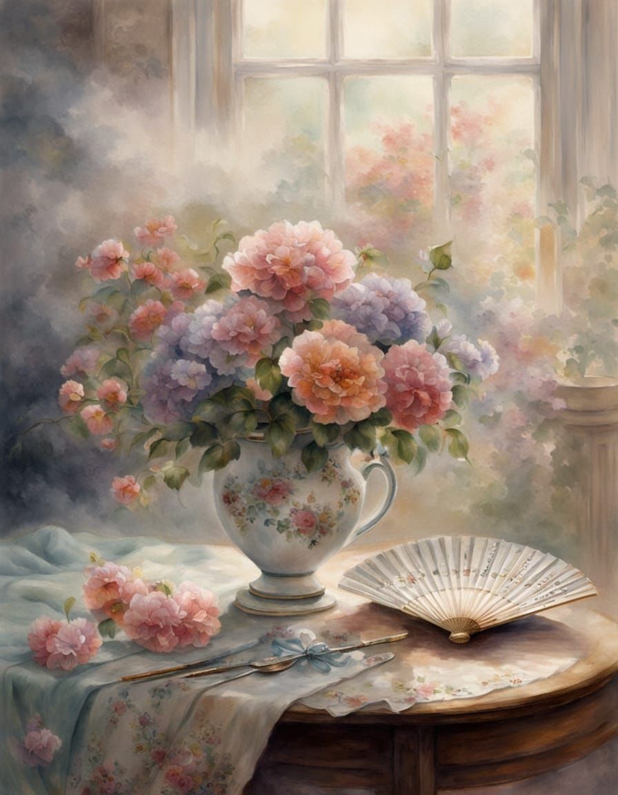 Ethereal Watercolour Fan With Flowers