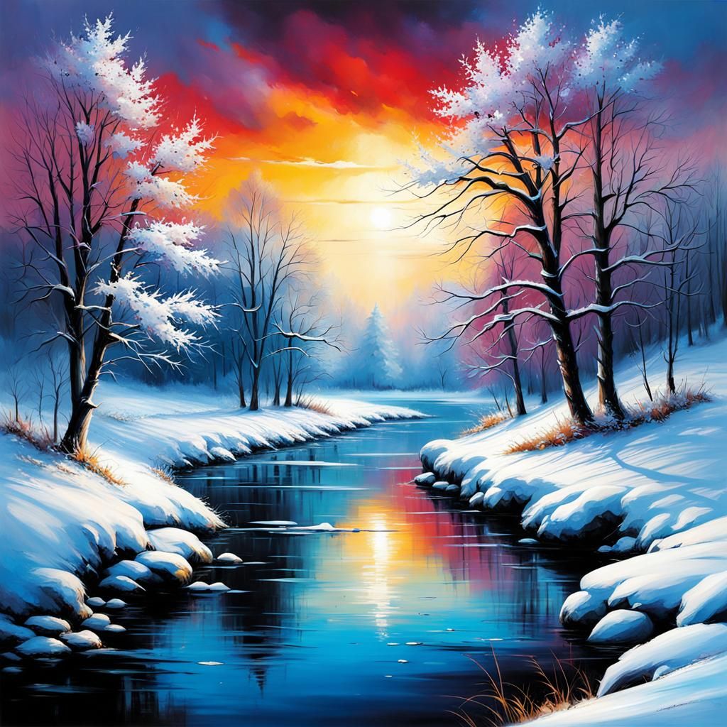 Vibrant Winter Riverscape in Abstract Style