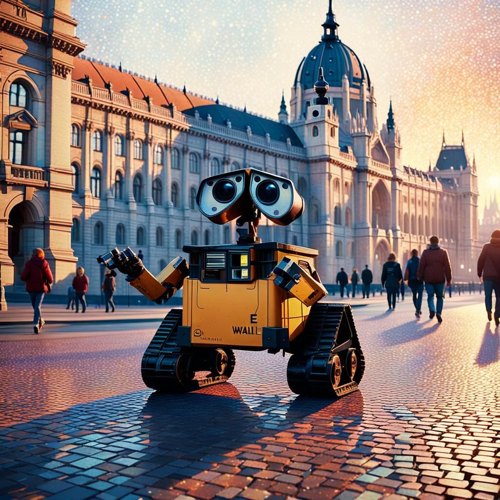 Wall-E Walks Before Budapest in Pointillism Style