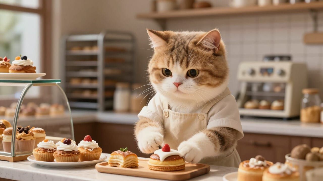 Anthropomorphic Cat Arranges Pastries in Cozy Bakery