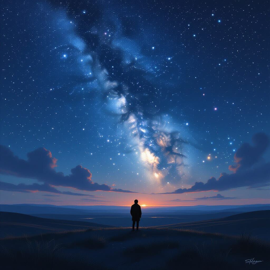 Vast Starry Night Sky Over Dark Landscape