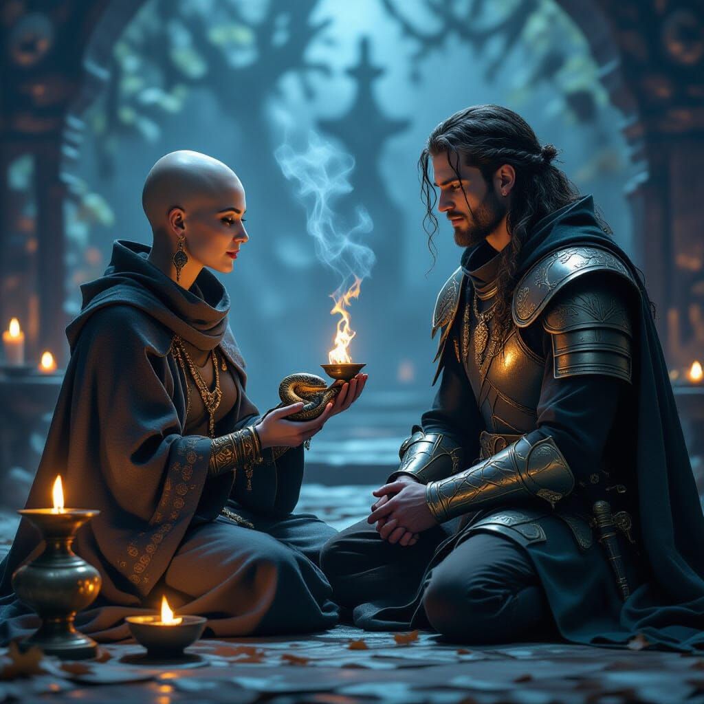 Druid Priestess Blesses Knight on Dark Holy Night