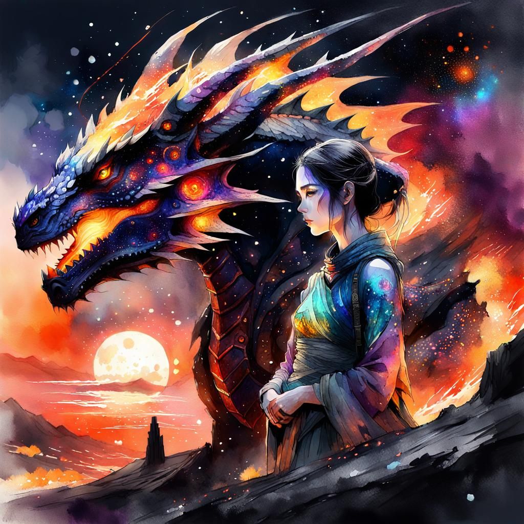 Lava Queen and Dragon in Watercolor Style