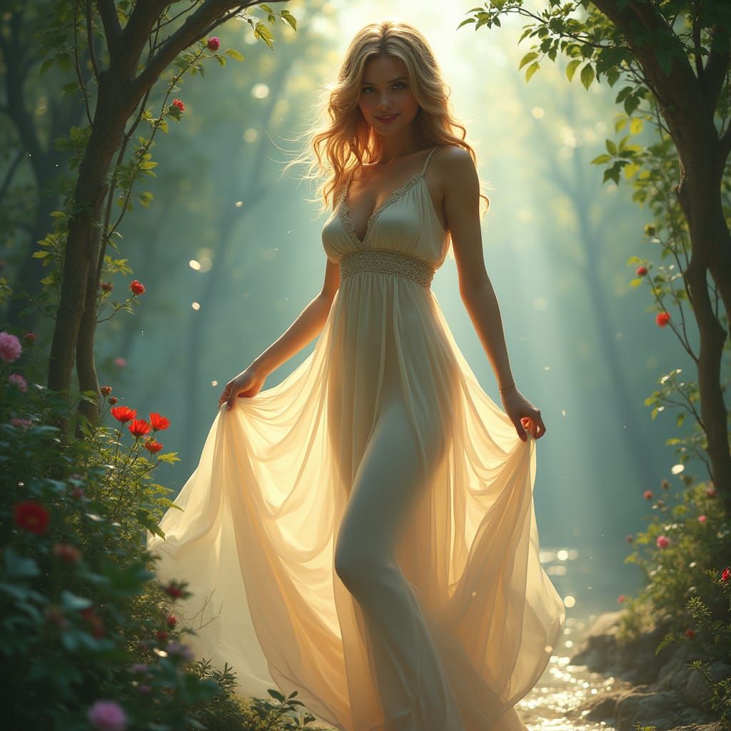 Woman in Flowing Dress in Dreamy Garden, Art Nouveau Style