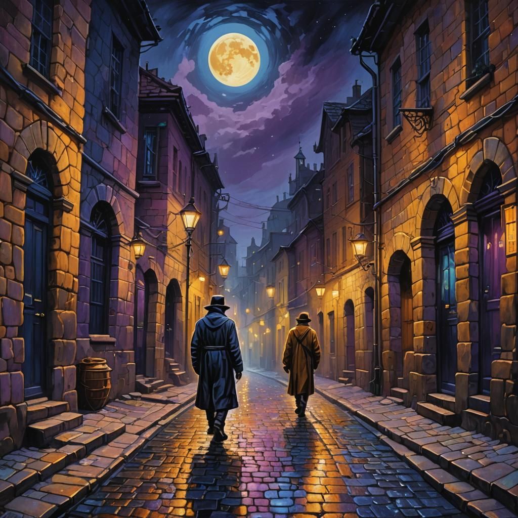 Dark Fantasy Figure Walking Cobblestone Street