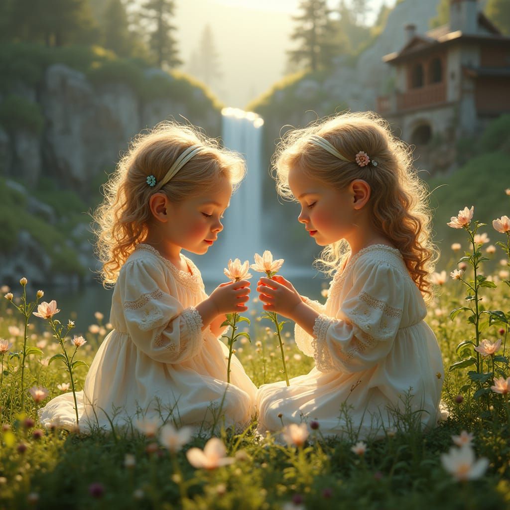 Ethereal Twins in Alpine Meadow with Clematis and Waterfall