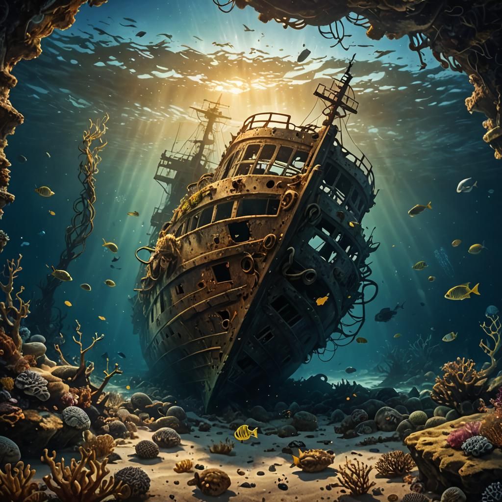 Sunken Shipwreck: Eerie Beauty in Golden Light