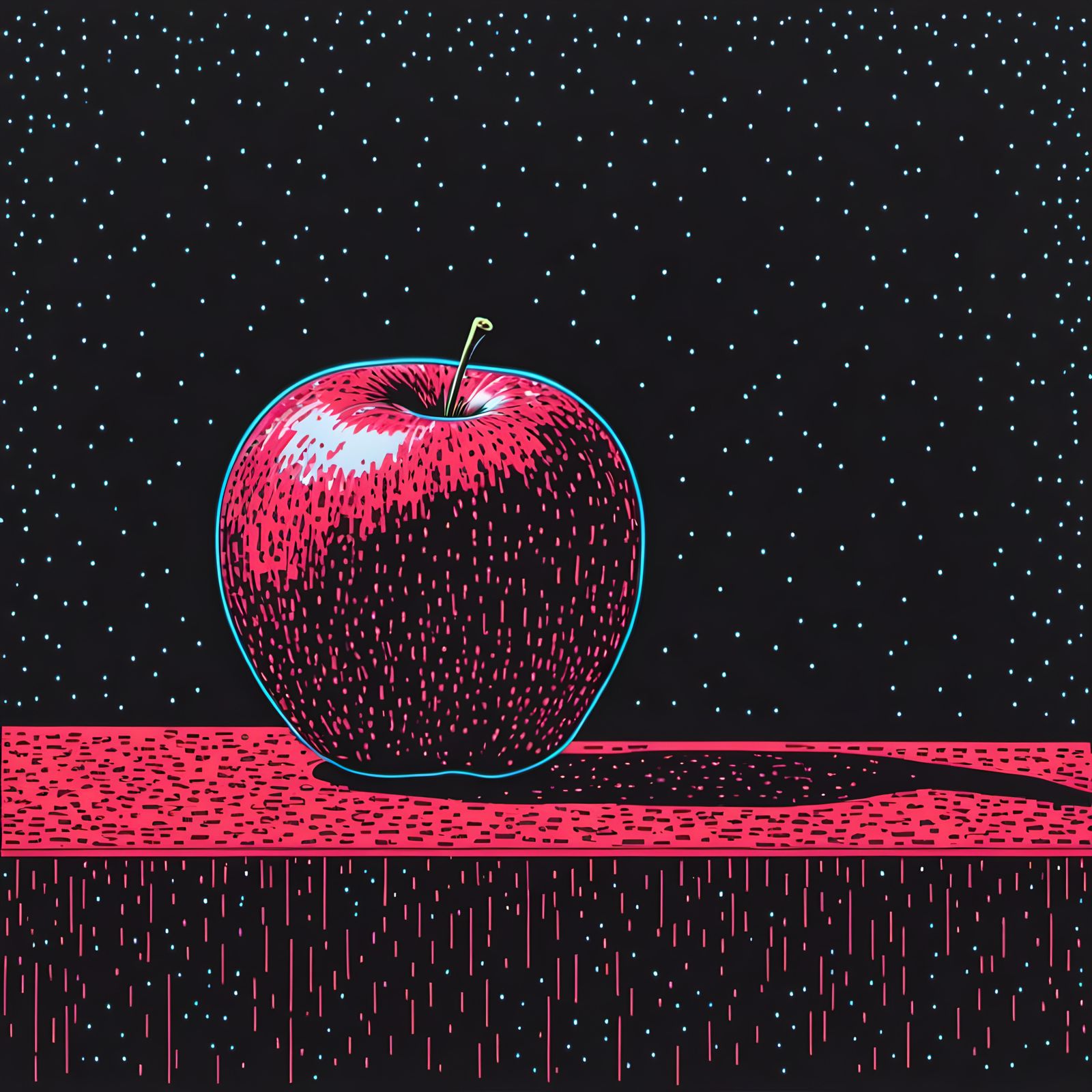 Neon Apple Line Art on Black Backdrop