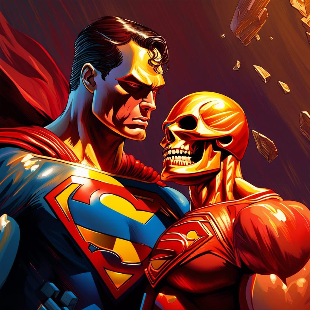 Golden Superhero with Red Skull in Comic Art Style