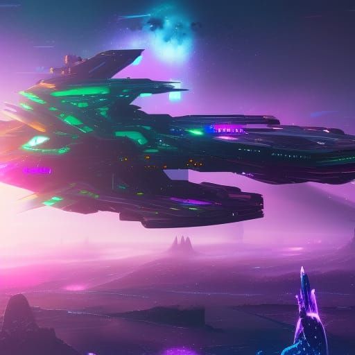 Cyberpunk Spaceship Soaring Through a Vibrant Galaxy
