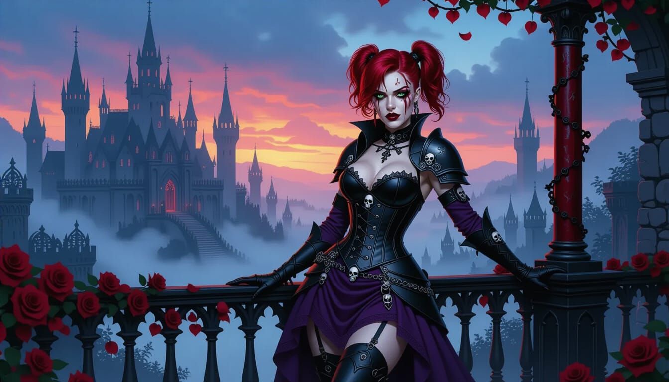 Gothic Vampire Huntress in Foggy Ravenloft Valley