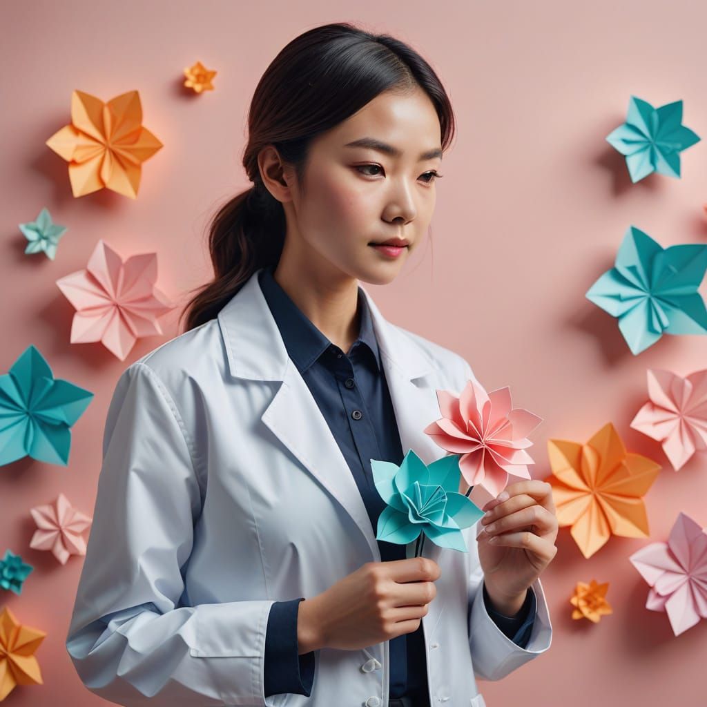 Vibrant Woman in Pastel Hues Holding Origami Flower