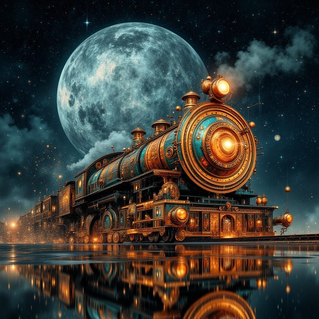 Steampunk Locomotive Under Surreal Moon Double Exposure