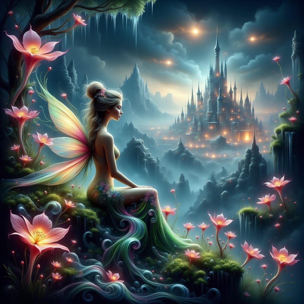 Ethereal Fairy Princess in Dreamy Cityscape