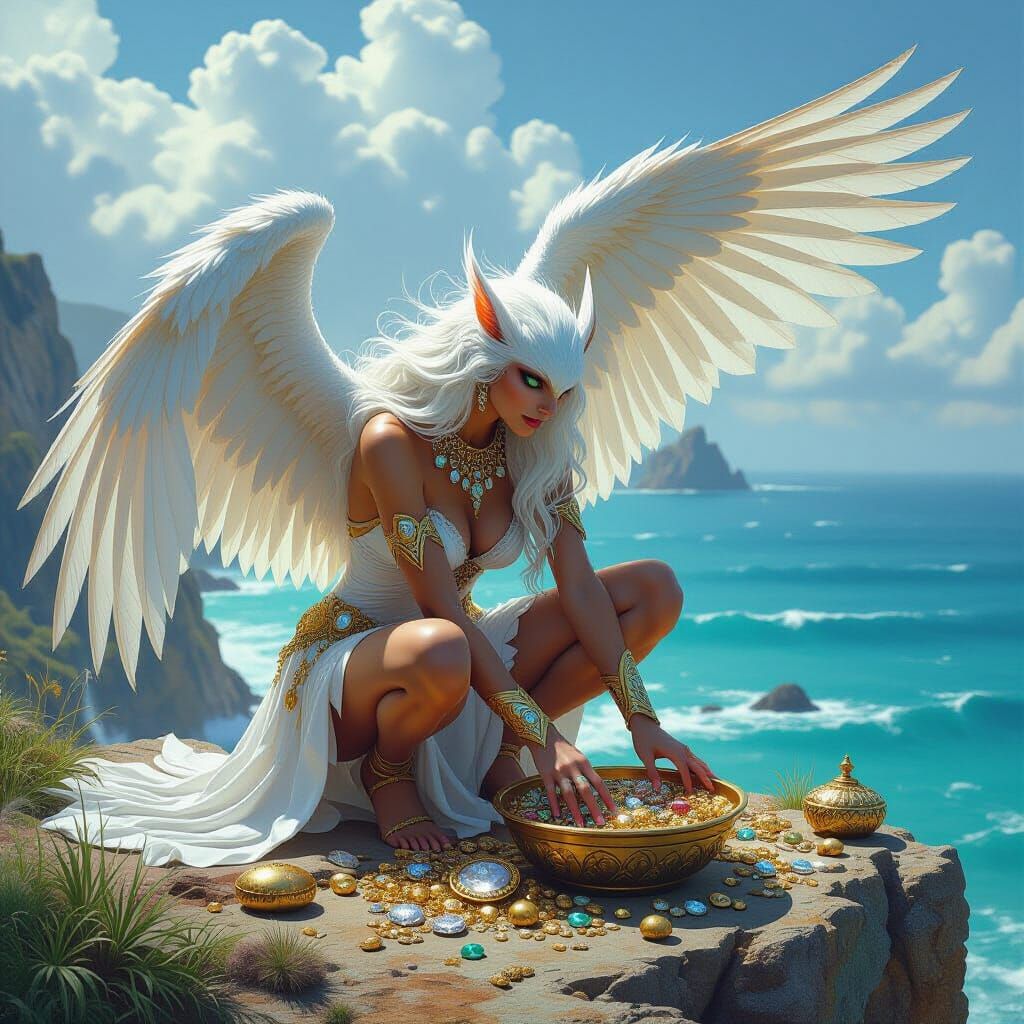 Majestic Harpy Guarding Seaside Treasure Horde